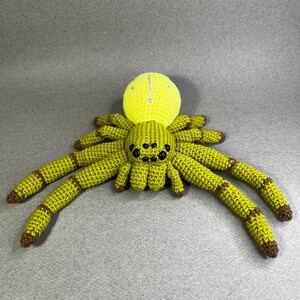 May include: A crocheted green spider with a yellow head and black eyes. The spider has eight legs and is made of yarn.
