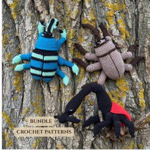 May include: Three crocheted beetle toys featuring one blue and black striped beetle, one light brown beetle, and one black beetle with a red wing cover. The image includes the text BUNDLE CROCHET PATTERNS in a light tan rectangular box.