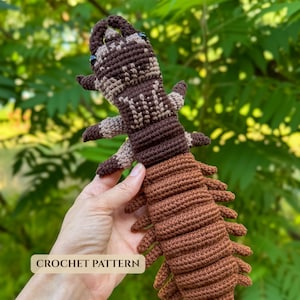 May include: A crocheted centipede toy featuring a dark brown and light brown variegated yarn body with multiple segments and legs. The head has two dark eyes and a textured pattern. A rectangular label with the text CROCHET PATTERN is visible.