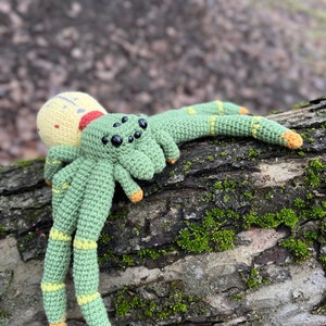 May include: A crocheted green spider with yellow accents and black eyes. The spider is sitting on a tree branch with moss.