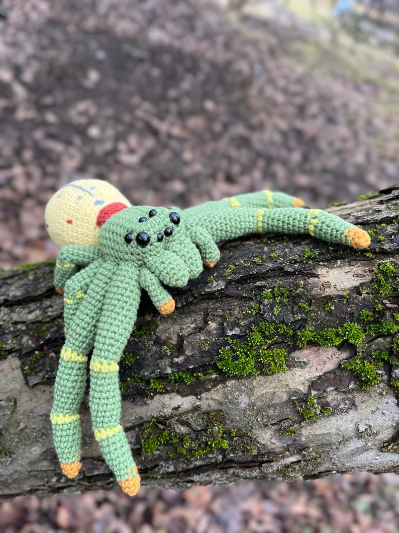 May include: A crocheted green spider with yellow accents and black eyes. The spider is sitting on a tree branch with moss.