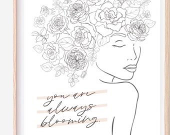 Grow Through What You Go Through Wall Art - Self Love Art - Self Worth Art - Woman Flower Line Art - Woman Flowers in Head Print - UNFRAMED