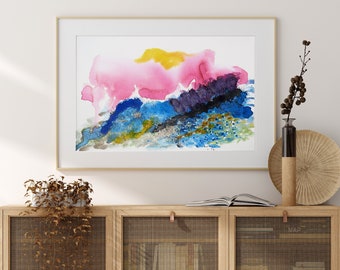 Deep Blue, Museum Quality Fine Art Print, Abstract Seascape Watercolor Giclée, Blue Waves, Pink Puffy Clouds, Impressionist Ocean