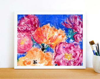 Big Summer Blooms, Museum Quality Fine Art Print, Colorful Bold Flowers, Abstract Watercolor Giclée, Red Impressionist Florals
