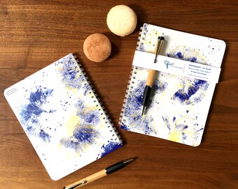 Movement in Blue, Ginkgo Leaves, Journal Gift Set with Bamboo Pen, Lined Watercolor Journal Set, Gratitude Journal Set, Watercolor Artwork