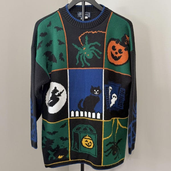 JJ Browne Sweater Women's Large Vintage Halloween Black Cat Pumpkin Spider USA