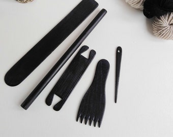 Hand weaving tools pack of 5, Handmade weave supplies in black for loom