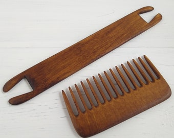 Weaving comb beater and stick shuttle, Hand weaving tools set for loom, Handcarved