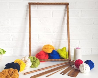 Beginner weaving kit, Tapestry loom complete, Multiple color fibre pack for weaving wall art