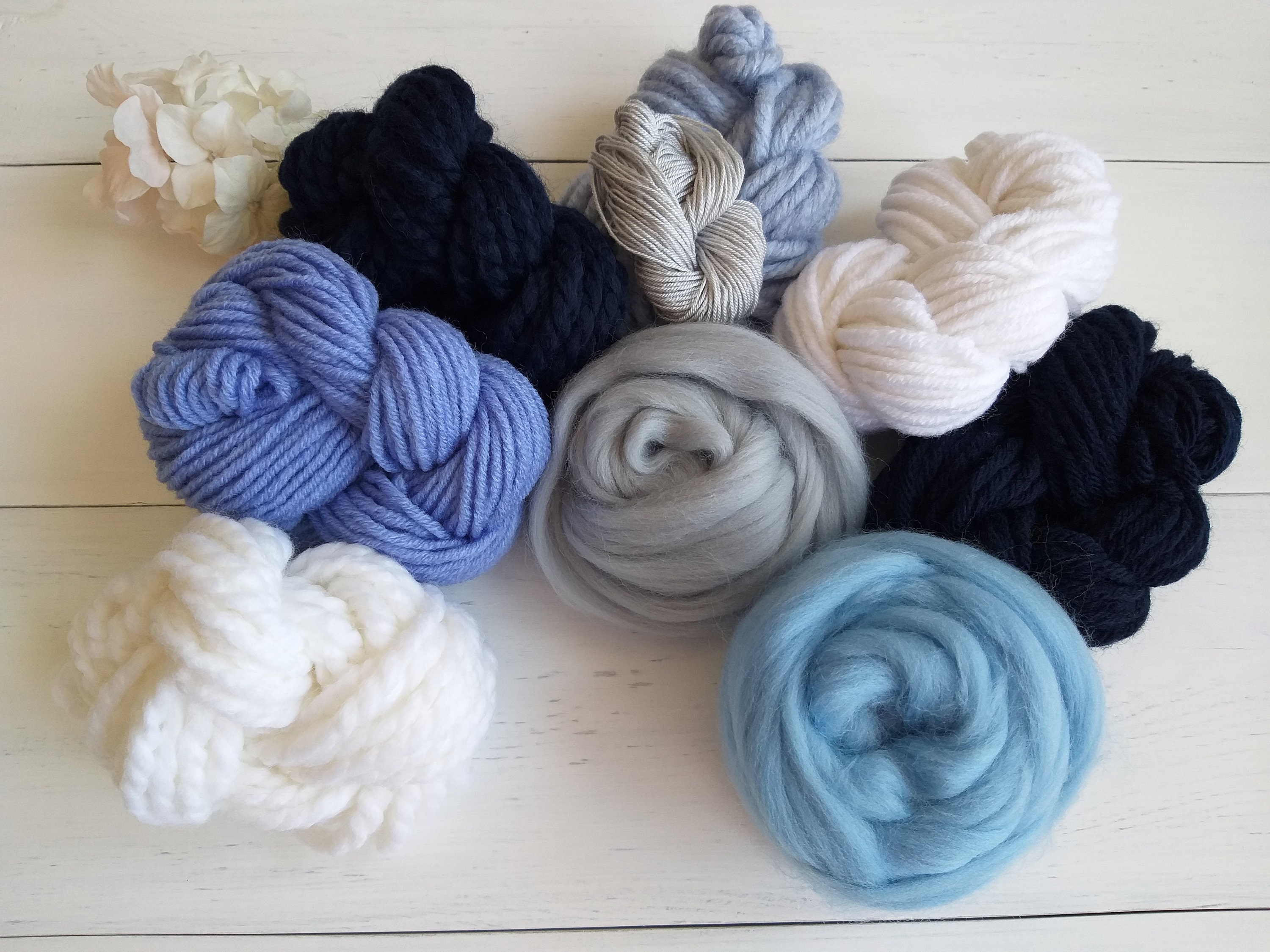 Weaving Yarn Kit Merino Wool Roving Pack Blue White Gray Etsy