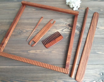 Square weaving loom with tools, Wooden portable loom, Handmade