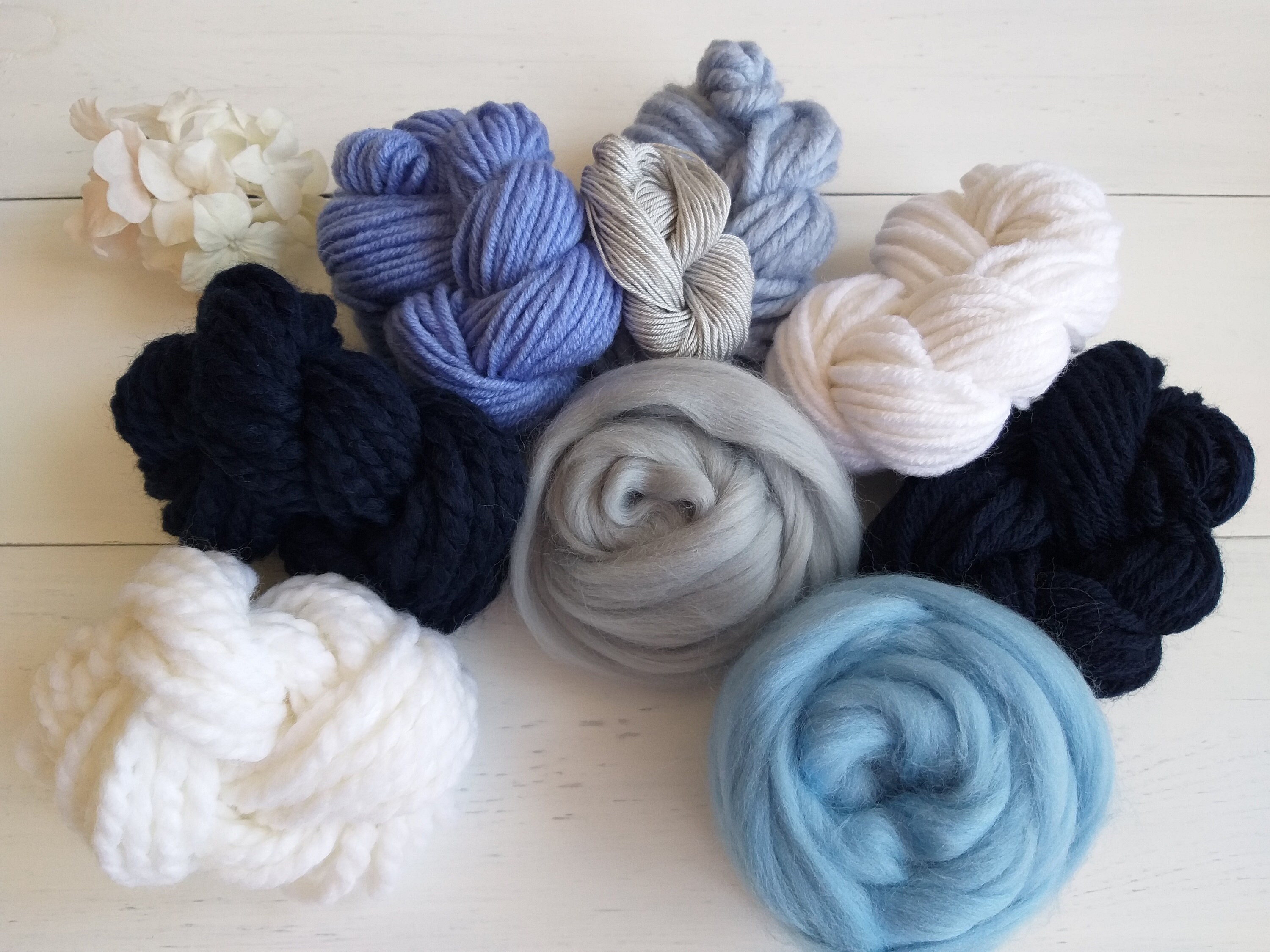 Weaving Yarn Kit Merino Wool Roving Pack Blue White Gray Etsy