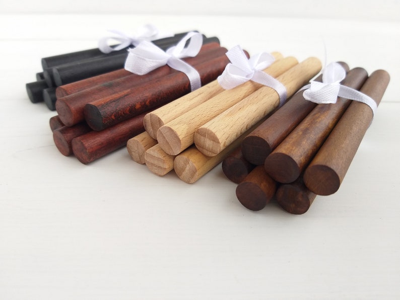 Mini wooden dowels rods pack of 6, great for macrame projects, tapestry weaving, dowels in finish walnut, black, redwood, various lengths image 1