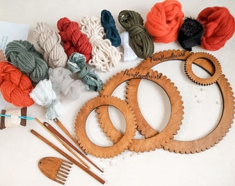 Circle weaving loom kit, Hoop weaving, Round woven wall hangings, Orange, Green, White