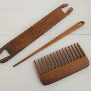 Wood weaving comb, needle and stick shuttle, Flat weaving tools for loom