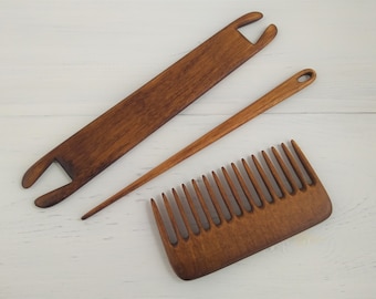 Weaving comb, needle and stick shuttle for loom, Wooden weaving tools