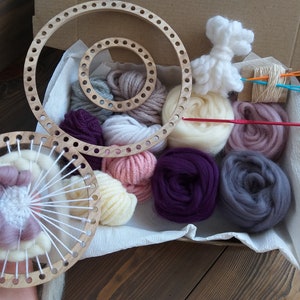 Circular weaving loom kit, circle looms set of 3, weaving on the hoop, violet, gray, pink
