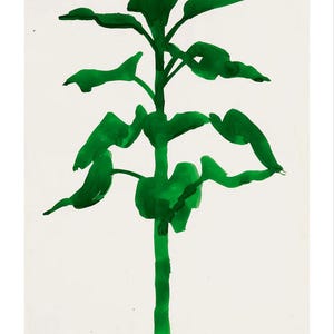 May include: A green abstract painting of a plant with a thick stem and broad leaves against a white background. The text at the bottom reads "LOUISIANA ON PAPER ELLSWORTH KELLY 26.1&ndash;29.4 2012".