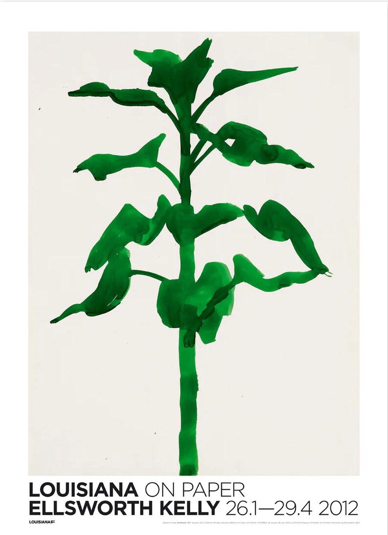 May include: A green abstract painting of a plant with a thick stem and broad leaves against a white background. The text at the bottom reads "LOUISIANA ON PAPER ELLSWORTH KELLY 26.1&ndash;29.4 2012".