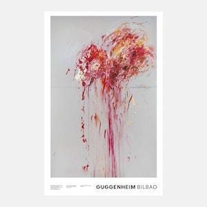 May include: Abstract art print featuring a vibrant composition of red, yellow, and white brushstrokes against a gray background. The artwork has a dynamic, expressive quality, with paint dripping down. The text "GUGGENHEIM BILBAO" is at the bottom.
