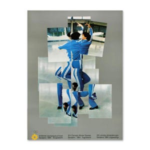 May include: A vintage poster featuring a collage of a figure skater in a blue tracksuit with white stripes on an ice rink. The text reads XIV Olympic Winter Games Sarajevo 1984 Yugoslavia, with the Olympic rings and a yellow emblem at the bottom.
