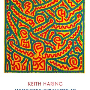 May include: A vibrant poster featuring a Keith Haring artwork. The abstract design uses red, green, and blue lines on a yellow background. The poster includes the artist's name, the San Francisco Museum of Modern Art, and the exhibition dates.