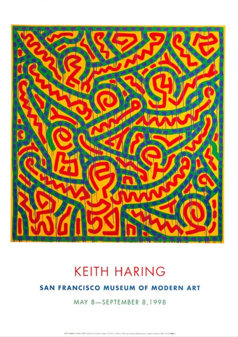 May include: A vibrant poster featuring a Keith Haring artwork. The abstract design uses red, green, and blue lines on a yellow background. The poster includes the artist's name, the San Francisco Museum of Modern Art, and the exhibition dates.