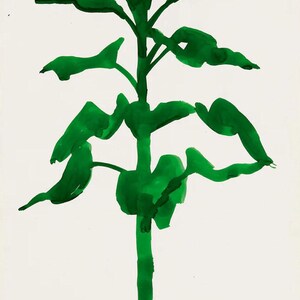 May include: A vibrant green watercolor painting of a plant with a central stem and multiple leaves. The leaves are irregularly shaped and arranged along the stem. The background is plain white, emphasizing the plant's form.