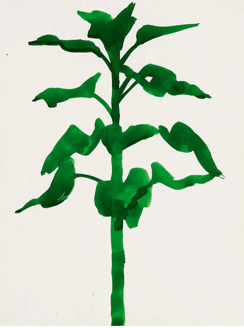 May include: A vibrant green watercolor painting of a plant with a central stem and multiple leaves. The leaves are irregularly shaped and arranged along the stem. The background is plain white, emphasizing the plant's form.