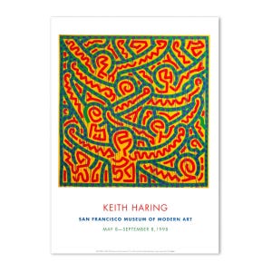 May include: A poster featuring a vibrant artwork by Keith Haring. The artwork is a colorful abstract design with red, green, and blue lines on a yellow background. The poster includes the text "KEITH HARING" and details about the San Francisco Museum of Modern Art exhibition.