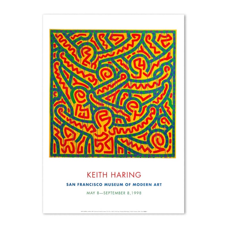 May include: A poster featuring a vibrant artwork by Keith Haring. The artwork is a colorful abstract design with red, green, and blue lines on a yellow background. The poster includes the text "KEITH HARING" and details about the San Francisco Museum of Modern Art exhibition.