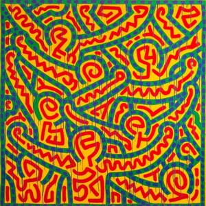 May include: Abstract art piece with a yellow background and a green border. The artwork features bold, colorful lines in red, blue, and green, creating a dynamic and energetic composition. The lines are arranged in a complex, interwoven pattern.