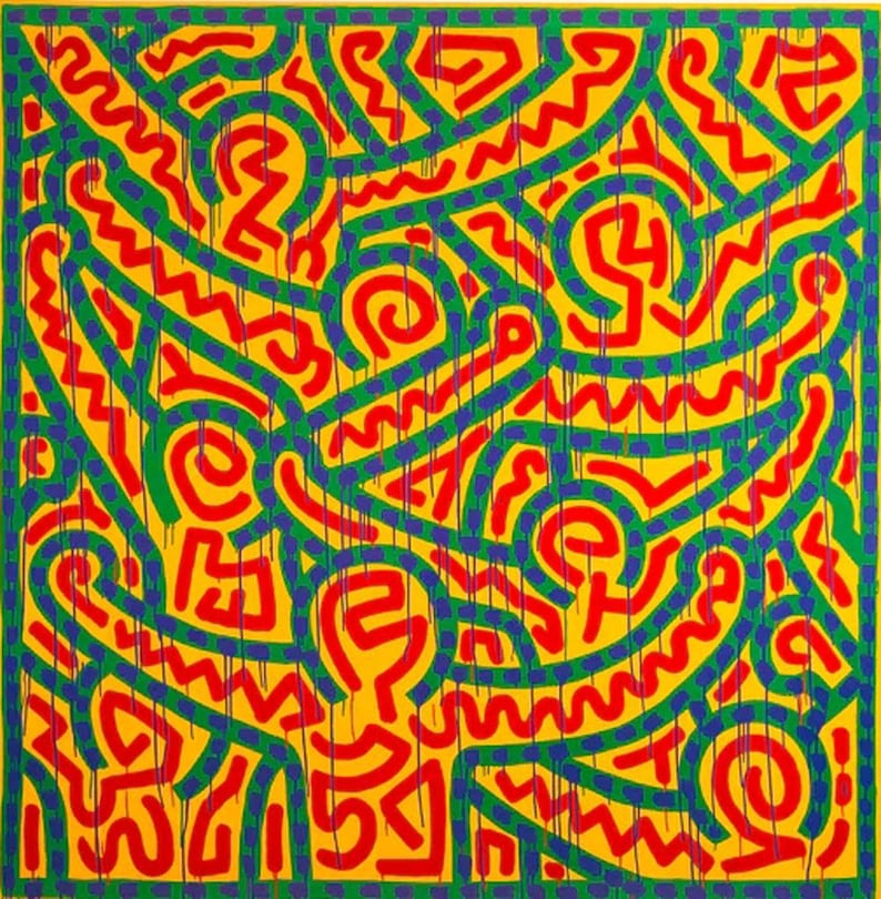 May include: Abstract art piece with a yellow background and a green border. The artwork features bold, colorful lines in red, blue, and green, creating a dynamic and energetic composition. The lines are arranged in a complex, interwoven pattern.