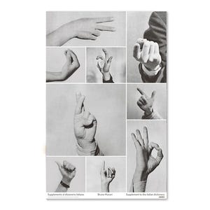 Può includere: Poster in bianco e nero con vari gesti delle mani. Il poster include il testo "Supplement to the Italian dictionary" e "Bruno Munari". I gesti includono il segno della pace, le dita incrociate e il segno OK.