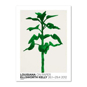May include: A green abstract botanical print on a white background. The artwork features a stylized plant with a thick stem and multiple leaves. The text "LOUISIANA ON PAPER ELLSWORTH KELLY 26.1&ndash;29.4 2012" is printed at the bottom.
