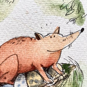 Fuchs und sein Leben , lustig, amüsant, Miniatur, Original, Aquarell, Tusche, Grün, Illustration