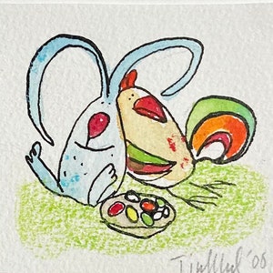 HASEN und die Liebe , Hahn, Frühling, Miniatur, Original, Aquarell, Tusche, Grün, Ostern, Illustration