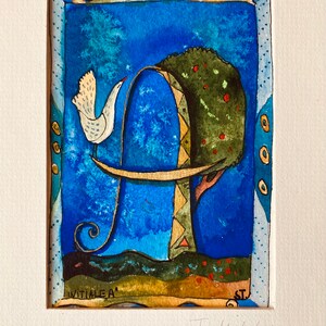 Gioiello iniziale "A" originale, acquerello, inchiostro, oro