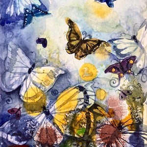 Vôo das borboletas azul, ORIGINAL, aquarela, A4