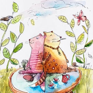 PICKNICK, Katzen in Love, ORIGINAL, Aquarell