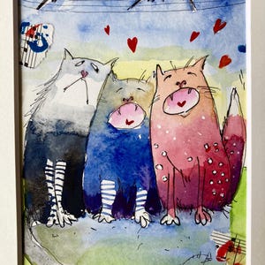 Katzen in Love ,Trio,  lustig, amüsant, Miniatur, Original, Aquarell, Tusche, Illustration