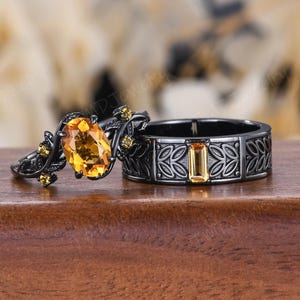 Gothic Oval Yellow Citrine Couple Ring Set Vintage Nature Inspired Citrine Leaf Wedding Bands Gift