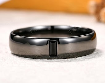 Mens Baguette Black Spinel Wedding Band: Smooth Finished Black Gold Ring, Vintage Gothic Style