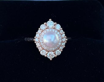 Pearl Engagement Ring, Diamond Halo Ring, Double Halo Ring, Pearl Ring, Engagement Ring, Rose Gold Pearl Ring