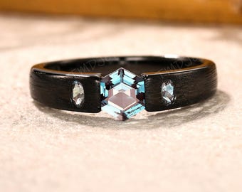 Tension Set Hexagon Alexandrite Black Gold Ring: Rustic Brushed Finish June Birthstone Wedding Band