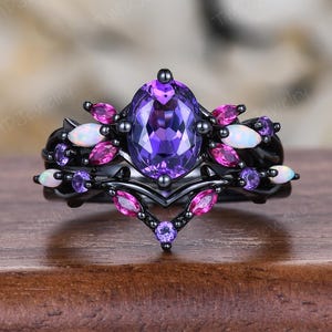 Vintage Oval Amethyst Engagement Ring Set,Black Gold,Vines Red Ruby Opal Ring,Women Bridal Set,Unique Twig Anniversary Promise Ring Gift