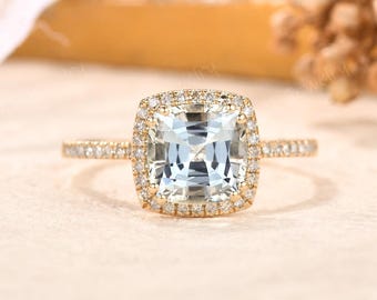 8mm Art Deco Cushion Cut Blue Aquamarine Engagement Ring,14K Solid Gold Halo Diamond Wedding Band March Birthstone Gift