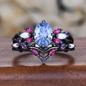 Vintage Starburst Cut Oval Blue Safir Förlovningsring Set, Svart Guld, Vines Röd Rubin Opal Ring, Unik Kvinnlig Twig Jubileumslöfte Gåva
