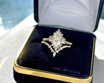 1ct Vintage Engagement Ring, Moissanite Ring, Marquise Engagement Ring, Wedding Ring Set, Art Deco Contour Diamond Matching Band, Halo Ring