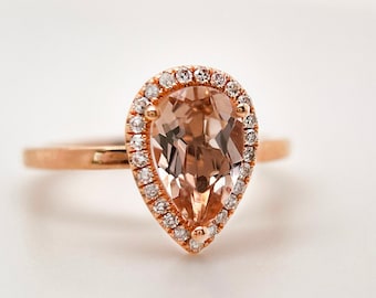 9x6mm/1.3ct Pear Cut Morganite Ring, Morganite Engagement Ring, Rose Gold Ring, Diamond Halo Ring, Promise Ring, Anniversary Ring, Gift